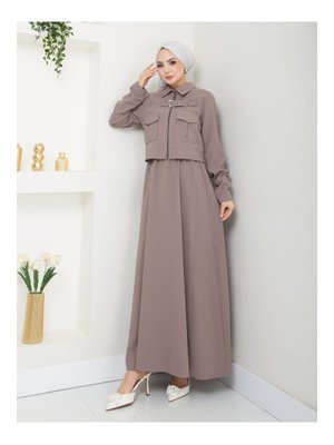 Vizon Fermuarlı Yaka Kemer Detaylı Etekli Takım