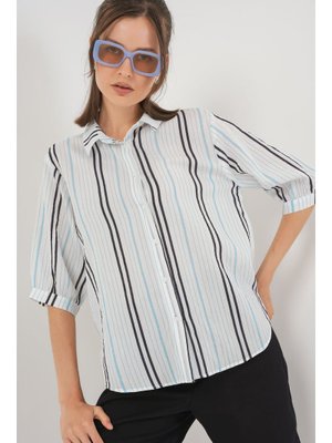 Açık Mavi Çizgili Kısa Kol Gömlek Açık Mavi Çizgili Kısa Kol Gömlek