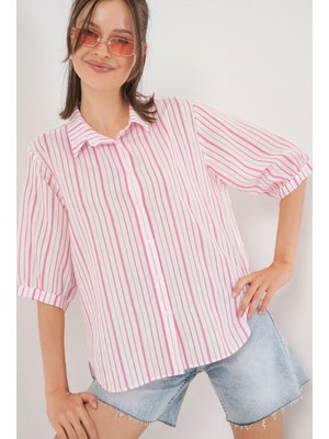 Pudra Çizgili Kısa Kol Gömlek Pudra Çizgili Kısa Kol Gömlek