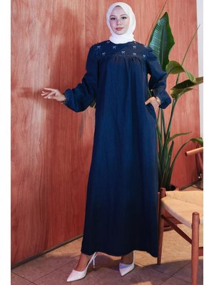 Koyu Mavi Kar Yıkamalı Robalı Kot Elbise Koyu Mavi Kar Yıkamalı Robalı Kot Elbise