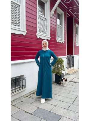 Petrol O Yaka Fermuarlı Yan Cepli Pamuklu Uzun Ferace