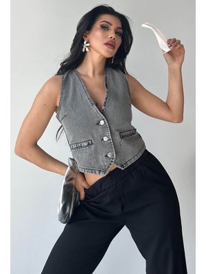 Gri Flotalı Kot Yelek