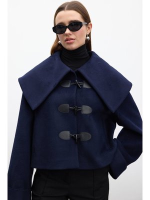 Lacivert Tokalı Kaşe Kaban