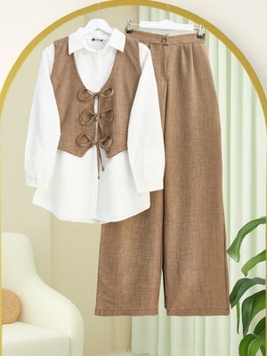 Kahve Önü Bağlamalı Yelek Pantolon İkili Takım