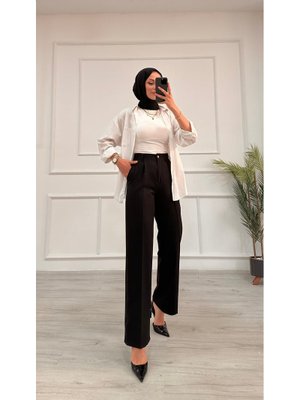 Siyah Dabıl Pileli Palazzo Pantolon