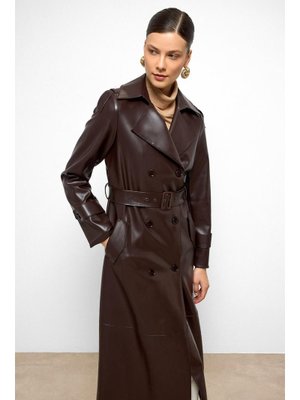 Apolet Detaylı Kruvaze Deri Trençkot K. Kahve
