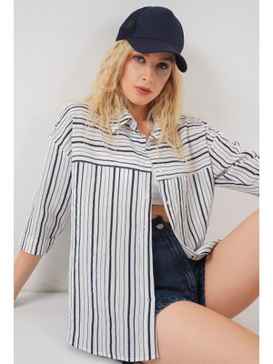 A.lacivert Çizgili Kısa Kol Gömlek A.lacivert Çizgili Kısa Kol Gömlek