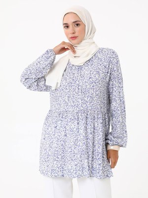 Mavi Desenli Çiçek Baskılı Viskon Tunik