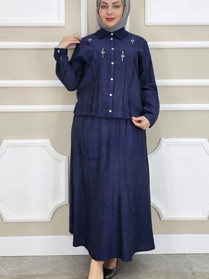 Lacivert Taş Detaylı Gömlek Etek İkili Takım