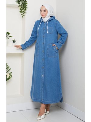 Cepli Düğmeli Kapüşonlu Denim Açık Mavi Trençkot Cepli Düğmeli Kapüşonlu Denim Açık Mavi Trençkot