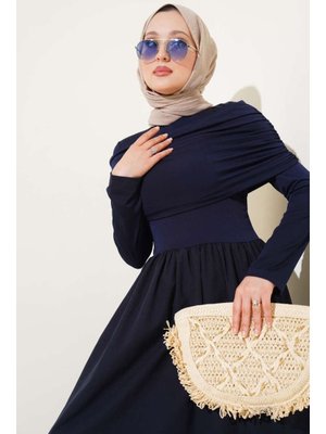 Lacivert Çıkarılabilir Büzgü Detaylı Garnili Elbise
