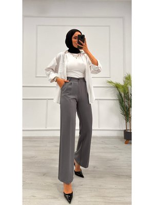 Gri Dabıl Pileli Palazzo Pantolon