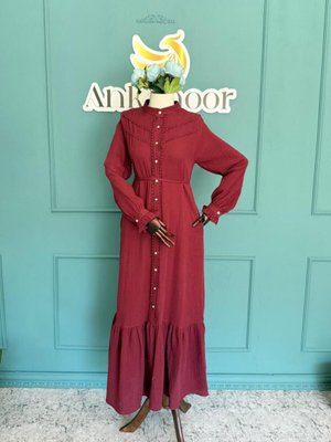 Bordo Eteği Fırfırlı Dantelli Müslin Elbise