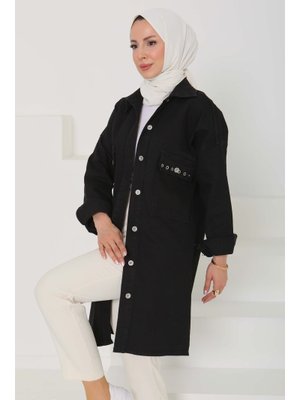 Siyah Sıyah Oversize Kuş Gözü Cepli Kot Ceket Siyah Sıyah Oversize Kuş Gözü Cepli Kot Ceket