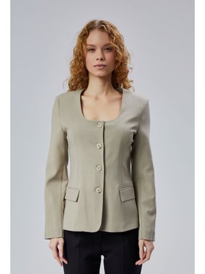 Haki Regular Kare Yaka Dokuma Ceket Açık