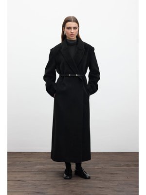 Siyah Kemerli Uzun Kaşe Kaban