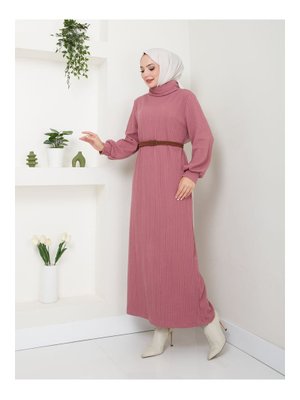 Pudra Kemerli Balıkçı Yaka Elbise