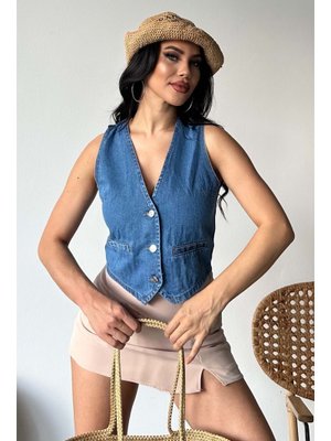 Mavi Mavı Flotalı Kot Yelek