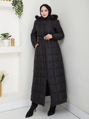 Kapüşonlu Uzun Siyah Kapitone Şişme mont