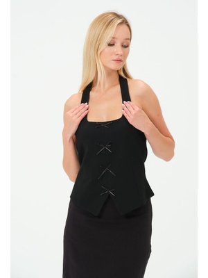 Siyah Fiyonk Detaylı Askılı Yelek