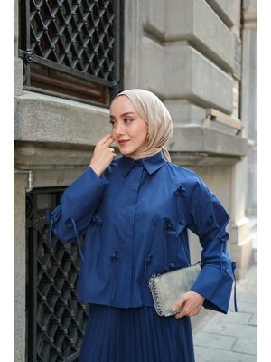 Lacivert Çicek Desenli Gömlek