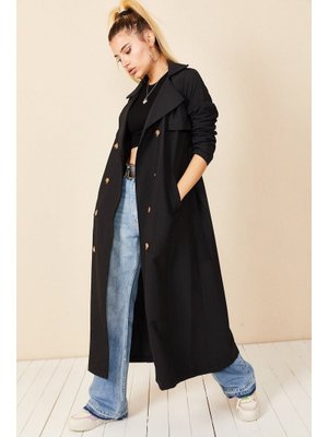 Siyah Şal Yaka Düğmeli Trençkot Siyah Şal Yaka Düğmeli Trençkot