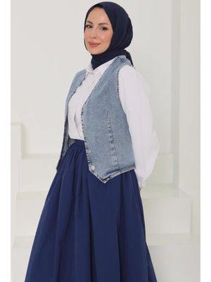 Acık Mavı Denim Kısa Yelek Acik Mavi