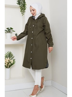 Kapüşonlu İçi Çizgili Mevsimlik Haki Trenç