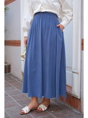 Kırışık Kloş Etek İndigo Mavi Kırışık Kloş Etek İndigo Mavi