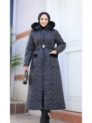 Fermuarlı Cepli Kemerli Kapitone Şişme Mont