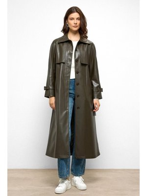 Haki Reglan Kol Pelerin Ve Punto Dikiş Detaylı Deri Trençkot