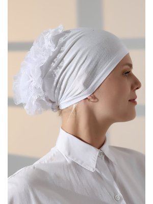 Beyaz Fırfırlı Güpürlü Topuz Bone Beyaz Fırfırlı Güpürlü Topuz Bone