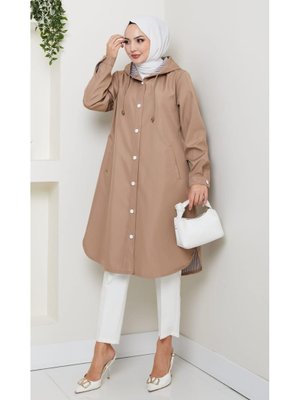 Kapüşonlu İçi Çizgili Mevsimlik Vizon Trenç