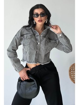 Füme Çift Cepli Demin Crop Ceket Füme Çift Cepli Demin Crop Ceket