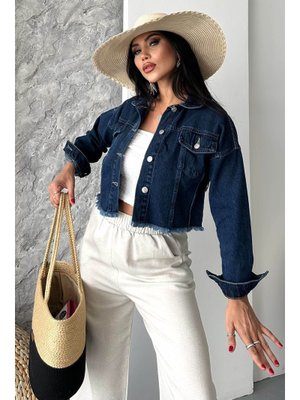 Koyu Mavi Çift Cepli Demin Crop Ceket Koyu Mavi Çift Cepli Demin Crop Ceket
