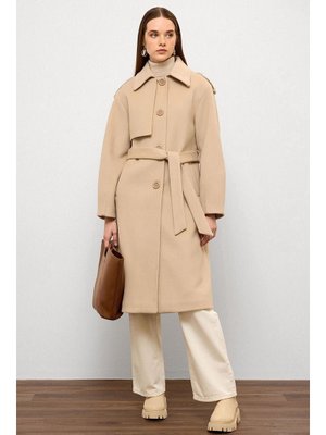 Bej Gömlek Yaka Punto Dikiş Detaylı Premium Kaban