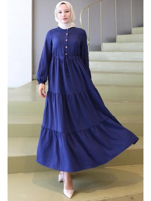 Lacivert Elisa Büzgülü Düğmeli Elbise Lacivert Elisa Büzgülü Düğmeli Elbise