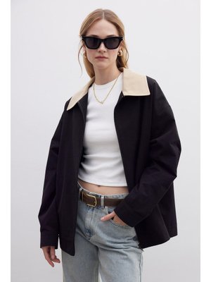 Siyah Kontrast Yakalı Gabardin Ceket Siyah Kontrast Yakalı Gabardin Ceket