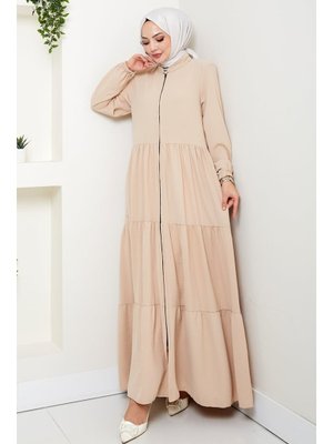 Bej Kat Detaylı Fermuarlı Ferace