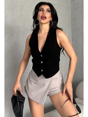 Siyah Sıyah Flotalı Kot Yelek