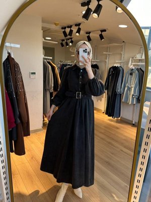 Siyah Kemeri Tokalı Prenses Kollu Testtür Kot Elbise Siyah Kemeri Tokalı Prenses Kollu Testtür Kot Elbise