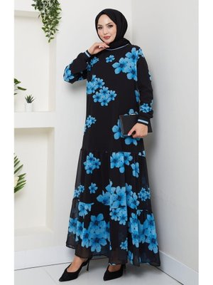 Astarlı Mavi Şifon Çiçek Desenli Elbise