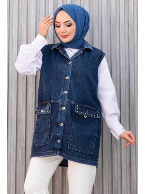 Koyu Mavi Geniş Cep Taş Detay Kot Yelek