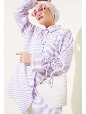 Mor Çizgili Kolu Dantelli Gofre Gömlek Mor Çizgili Kolu Dantelli Gofre Gömlek