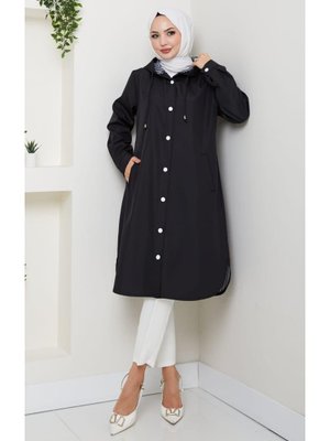 Kapüşonlu İçi Çizgili Mevsimlik Siyah Trenç