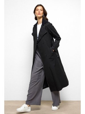 Siyah Ribana Yakalı Reglan Kol Su İtici Özellikli Trençkot