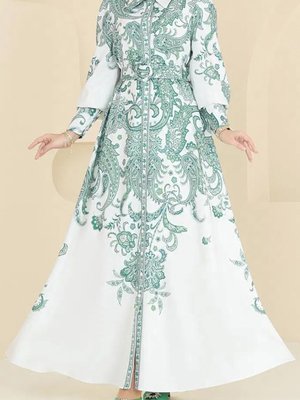 Yeşil Kemerli Yaka Desenli Gömlek Elbise