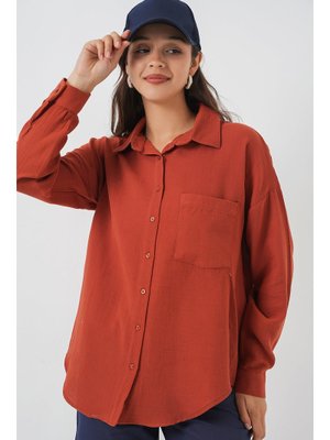 Kiremit Tek Cepli Oversize Müslin Gömlek Kiremit Tek Cepli Oversize Müslin Gömlek