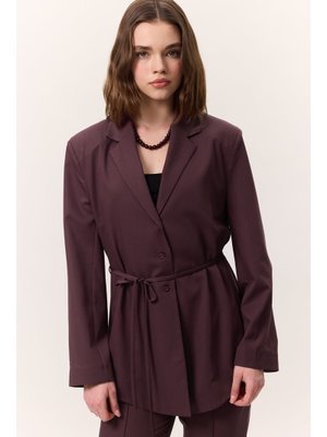Bordo Kemerli Düğmeli Blazer Ceket Bordo Kemerli Düğmeli Blazer Ceket