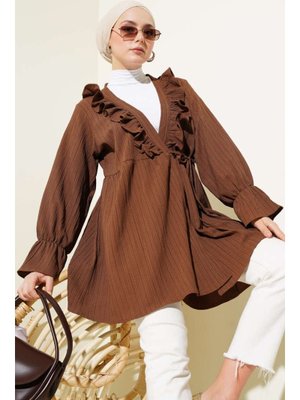 Kahverengi Fırfırlı Bağlamalı Kimono